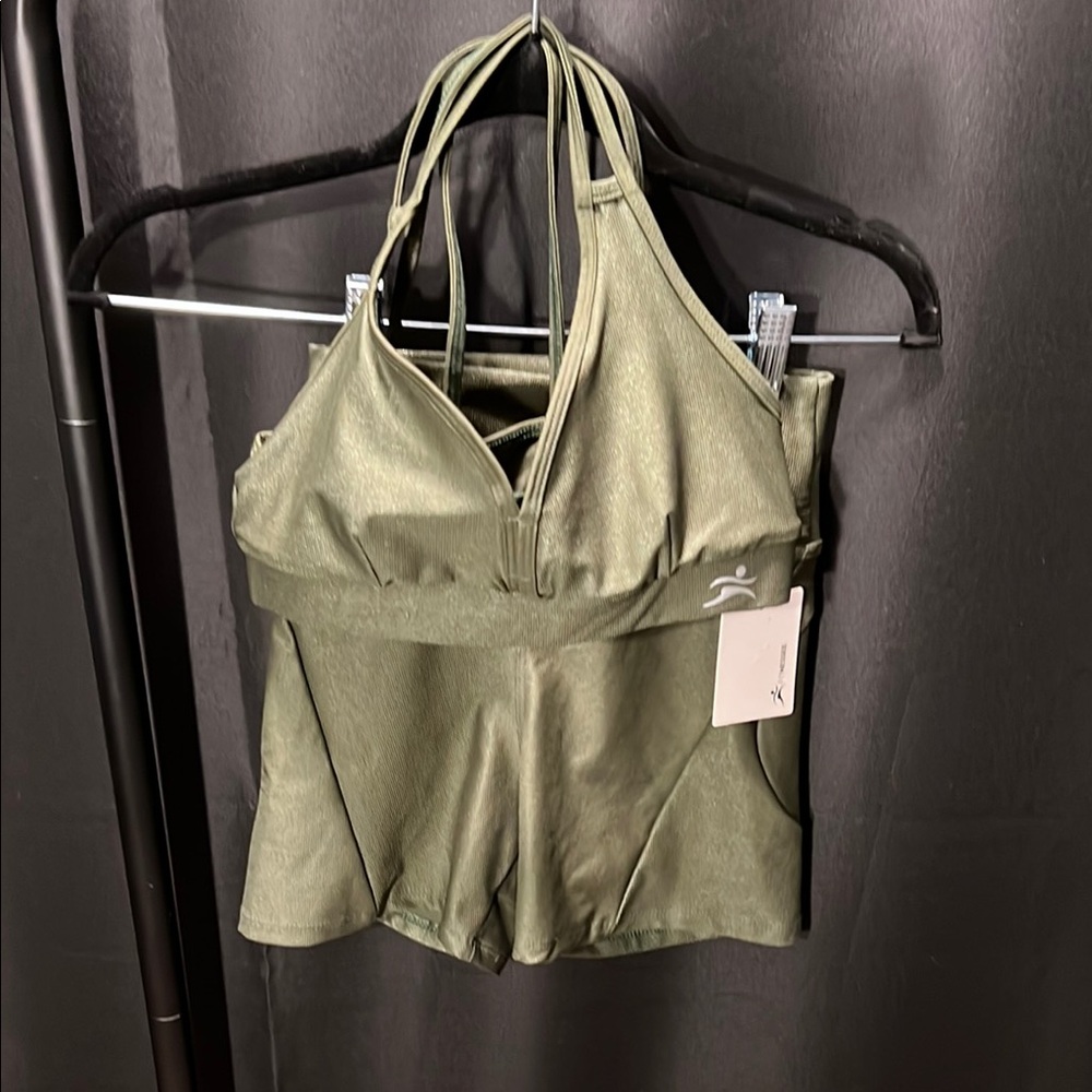 Sage Green V-Neck Sports Bra with Halter Straps and matching shorts
